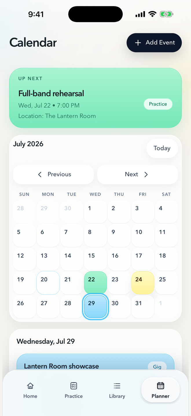 Locked In Calendar screen showing an upcoming rehearsal, a monthly calendar, and a gig date.