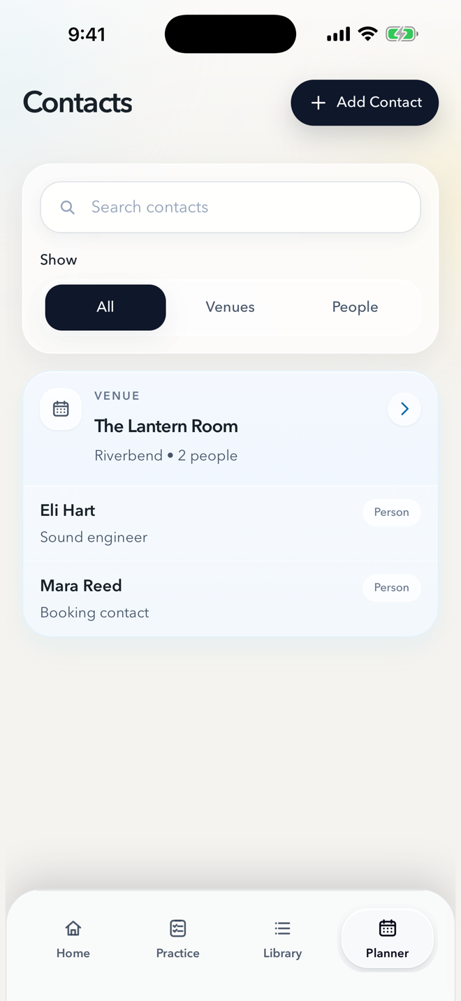 Locked In Contacts screen showing a venue, sound engineer, and booking contact.