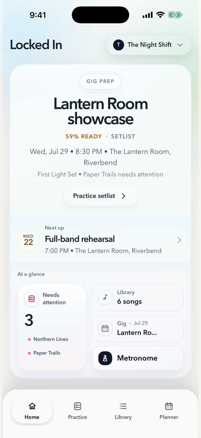 Locked In home screen showing gig preparation, an upcoming rehearsal, songs that need attention, the library, and the metronome.