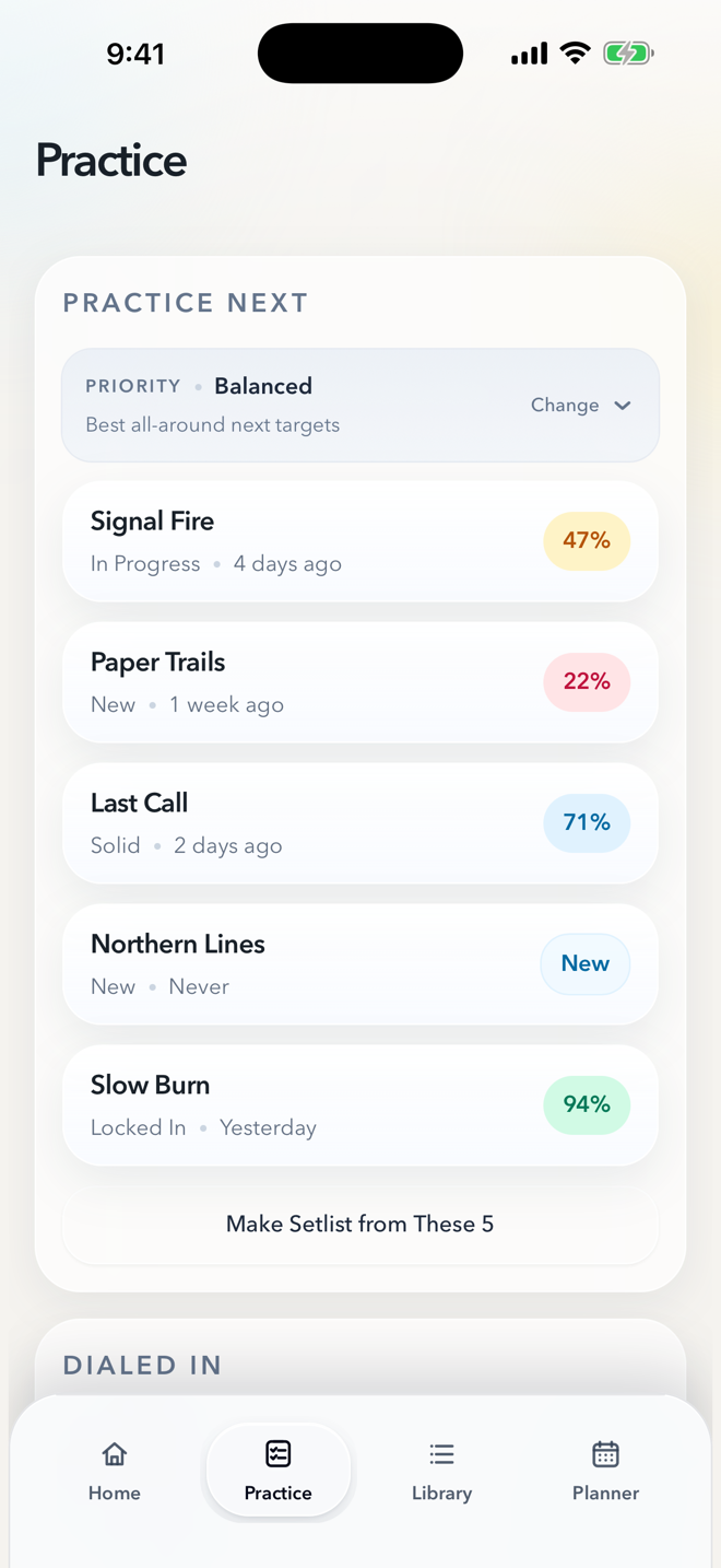 Locked In Practice Next screen ranking five songs by readiness and recent practice.