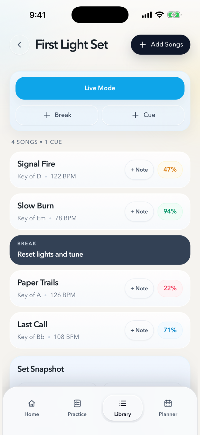 Locked In setlist screen showing songs, readiness, a break cue, and the Live Mode control.